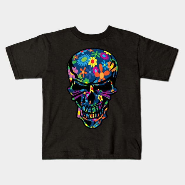 Colorful Hippie Trippy Flowers Skull Kids T-Shirt by hobrath